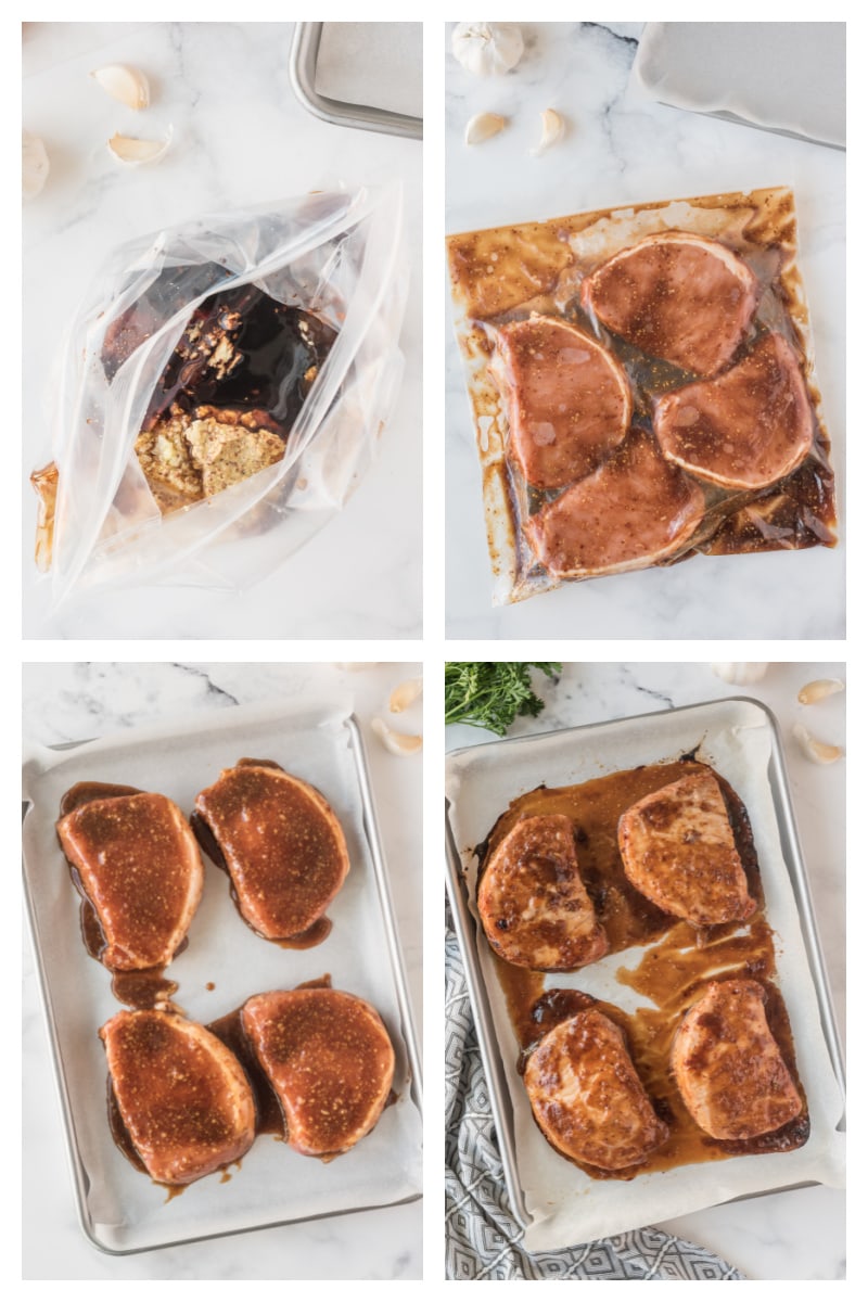 four photos showing marinating pork chops, then on baking pan, then baked