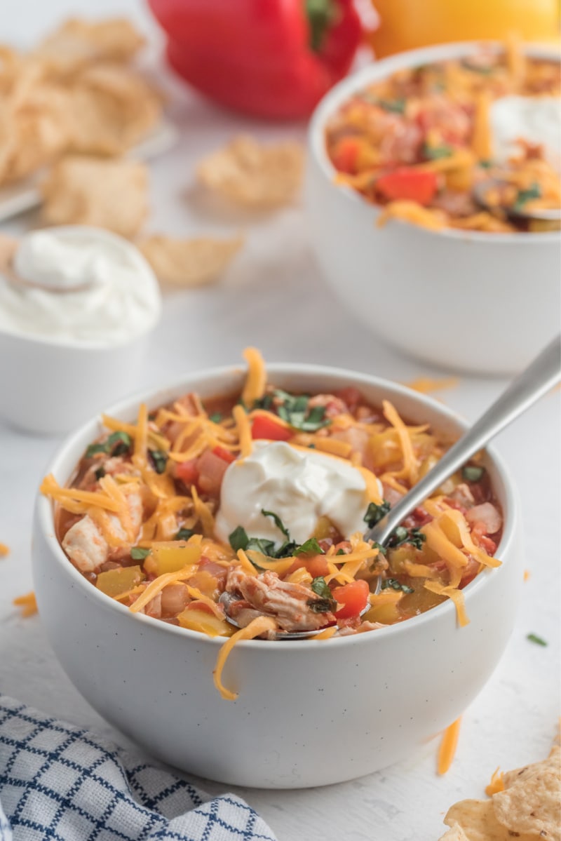 chicken chili in white bowl