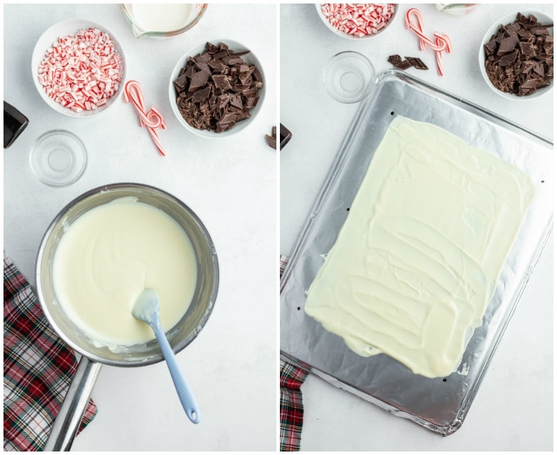 melted white chocolate in a pan and then spread into a dish