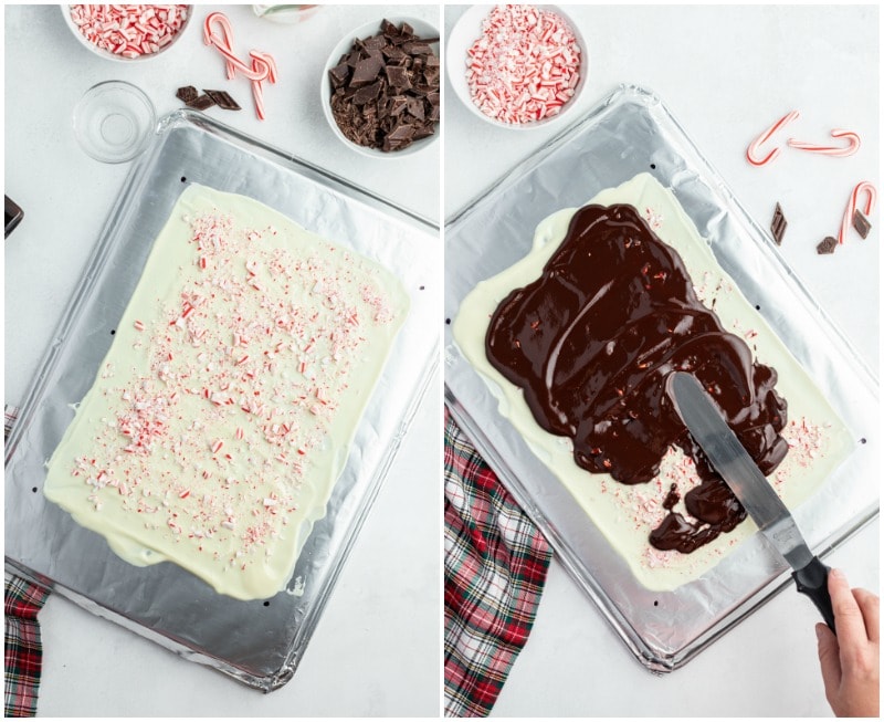 showing process of making peppermint crunch bark in a pan