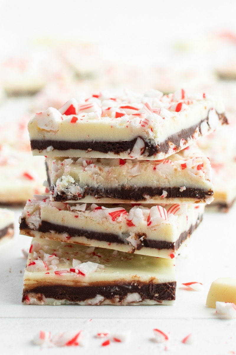 layered peppermint crunch bark in a stack