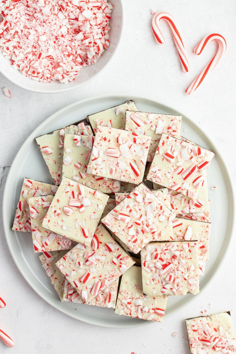 layered peppermint crunch bark on a platter