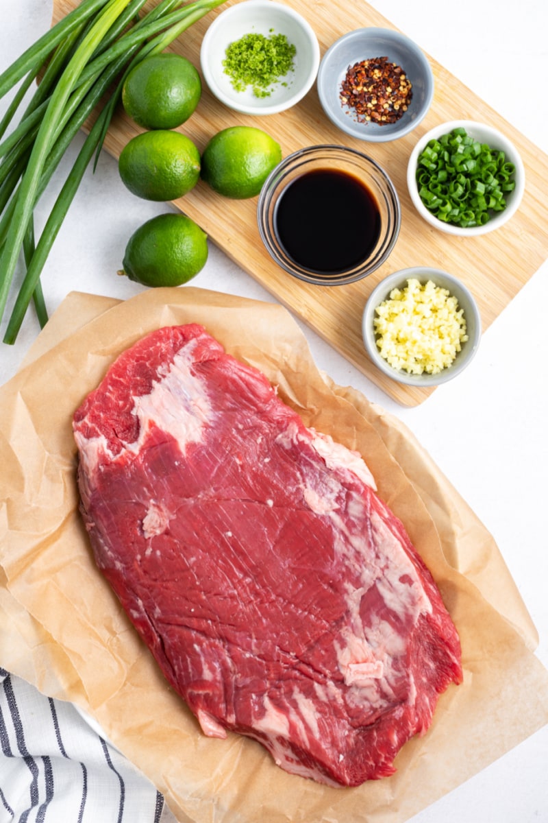 ingredients displayed for making lime marinated flank steak