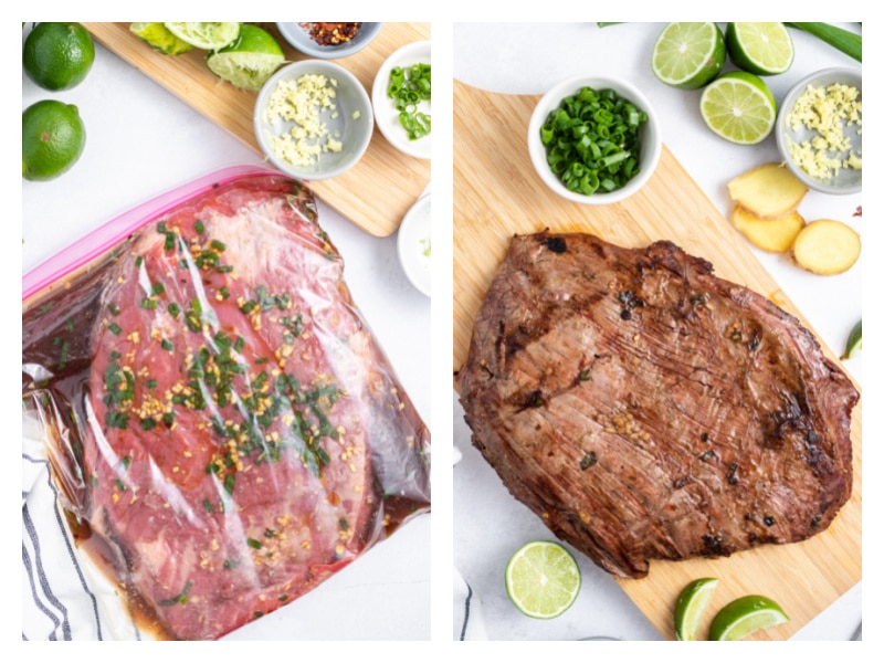 two photos showing marinating steak and then grilled steak