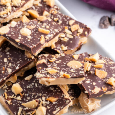 pieces of macadamia nut butter toffee on a platter