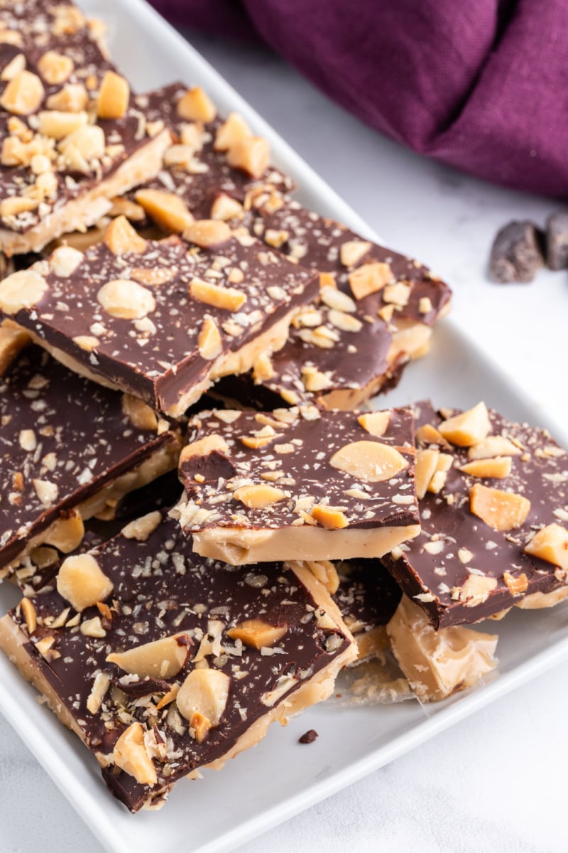 pieces of macadamia nut butter toffee on a platter