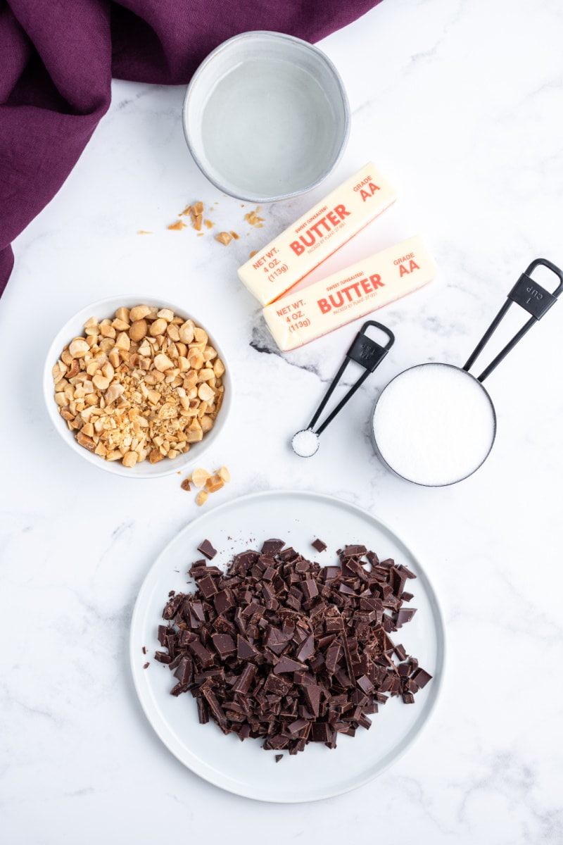 ingredients displayed for making macadamia nut butter toffee