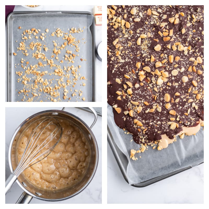three photos showing process of making macadamia nut butter toffee