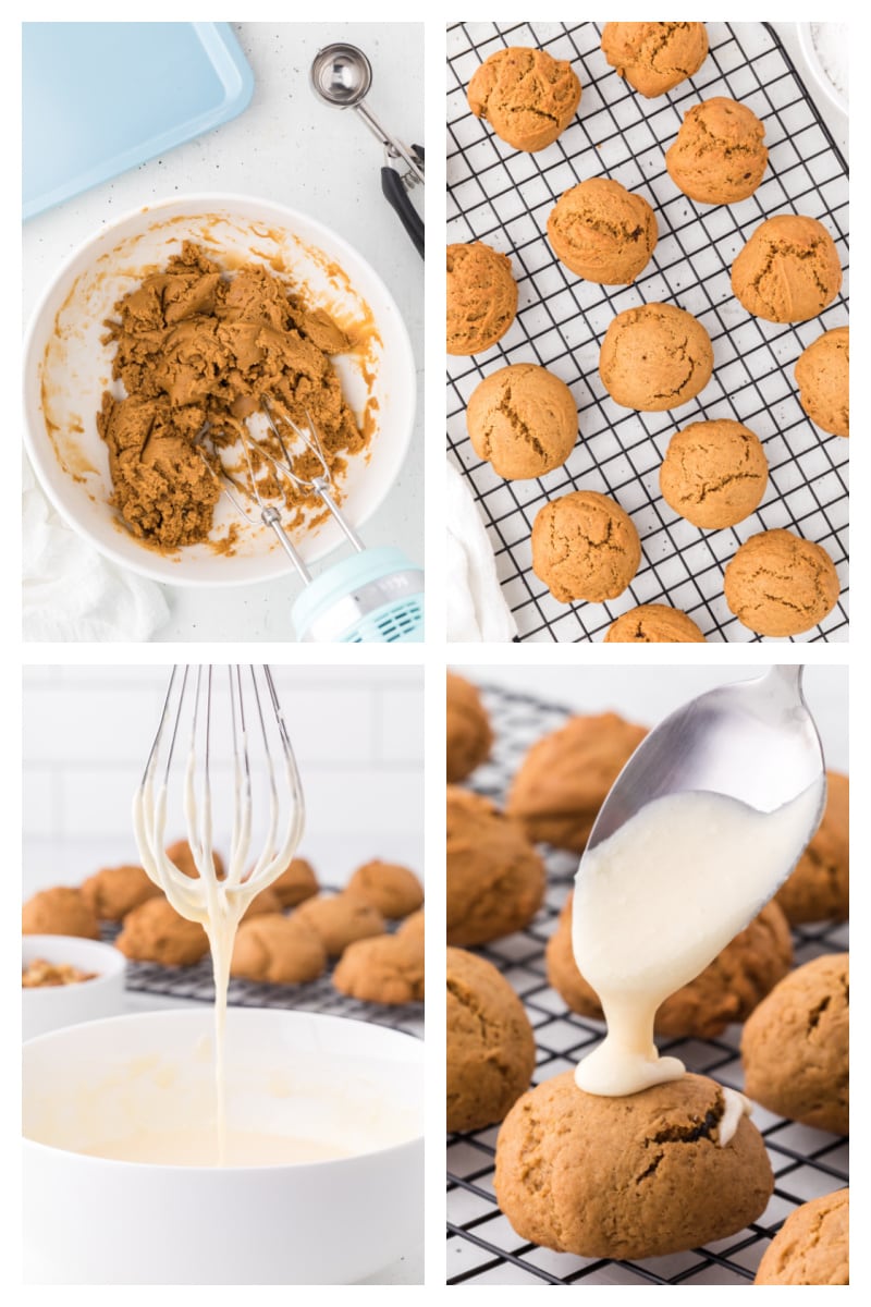 four photos showing how to make maple walnut spice cookies