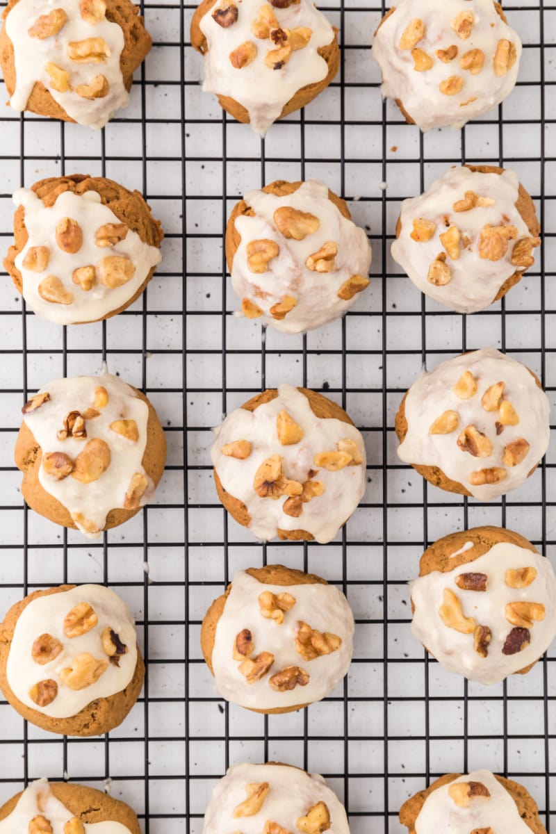 overhead shot of maple walnut spice cookies on a cooling rack