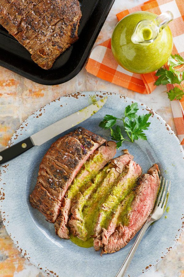 Marinated Flank Steak topped with Cilantro Parsley Vinaigrette