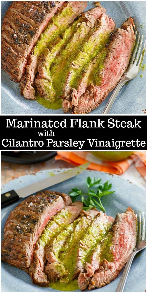 Marinated Flank Steak with Cilantro Parsley Vinaigrette recipe from RecipeGirl.com #flank #steak #cilantro #vinaigrette #grilling #recipe #RecipeGirl