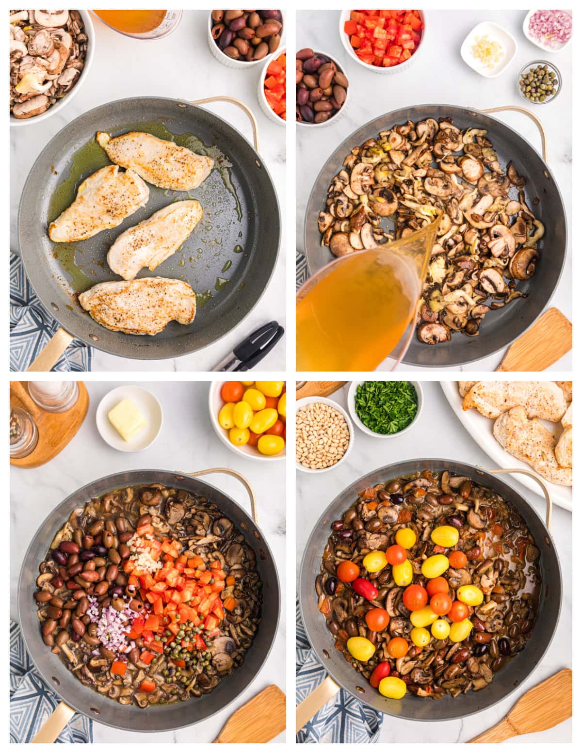A recipe for sautéed Mediterranean Chicken with big flavors of tomato, garlic, mushrooms, olives, capers and pine nuts. Recipe from RecipeGirl.com. four photos showing how to make mediterranean chicken