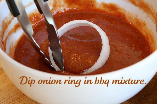 How to Make Baked Barbecue Onion Rings - dip the onion rings in barbecue sauce