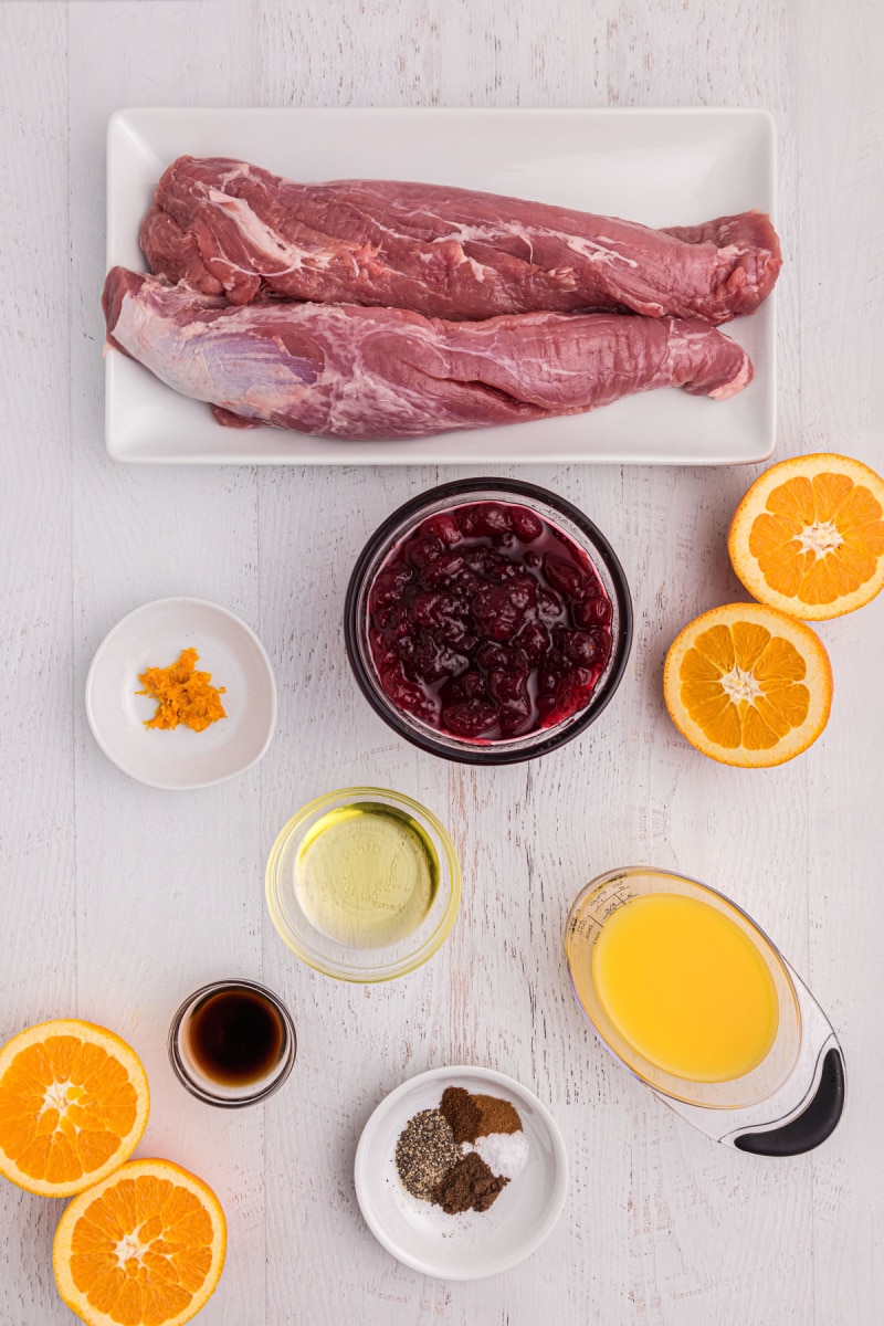 ingredients displayed for making orange cranberry glazed pork tenderloin