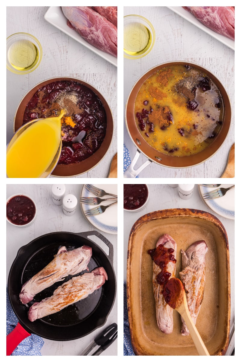 four photos showing how to make orange cranberry glazed pork tenderloin