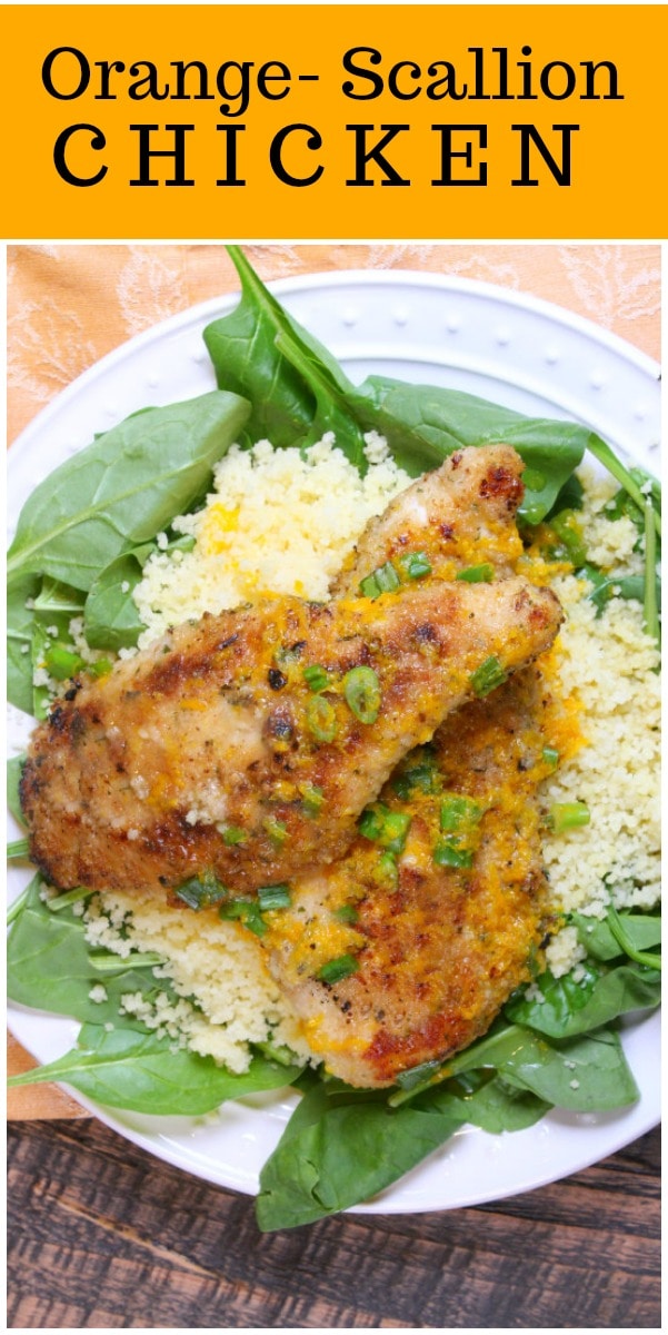 orange scallion chicken with spinach and couscous