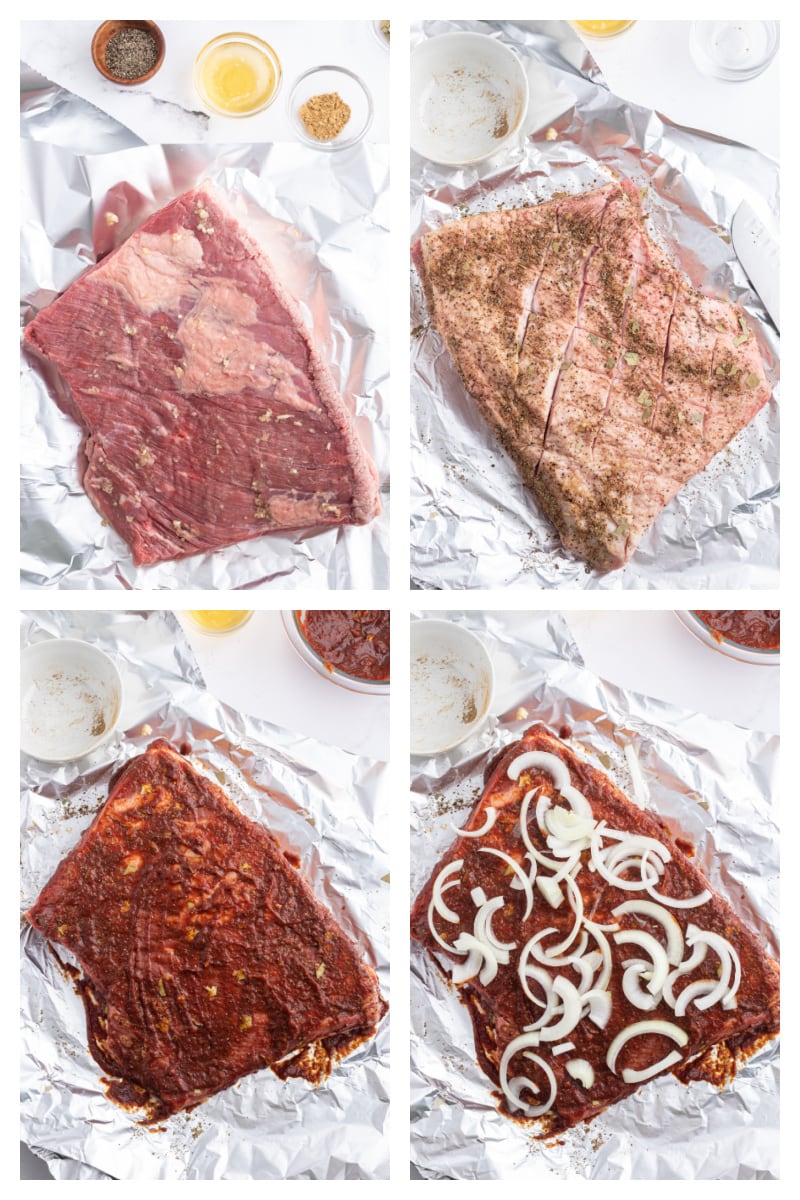 four photos showing how to prep for baking barbecue brisket