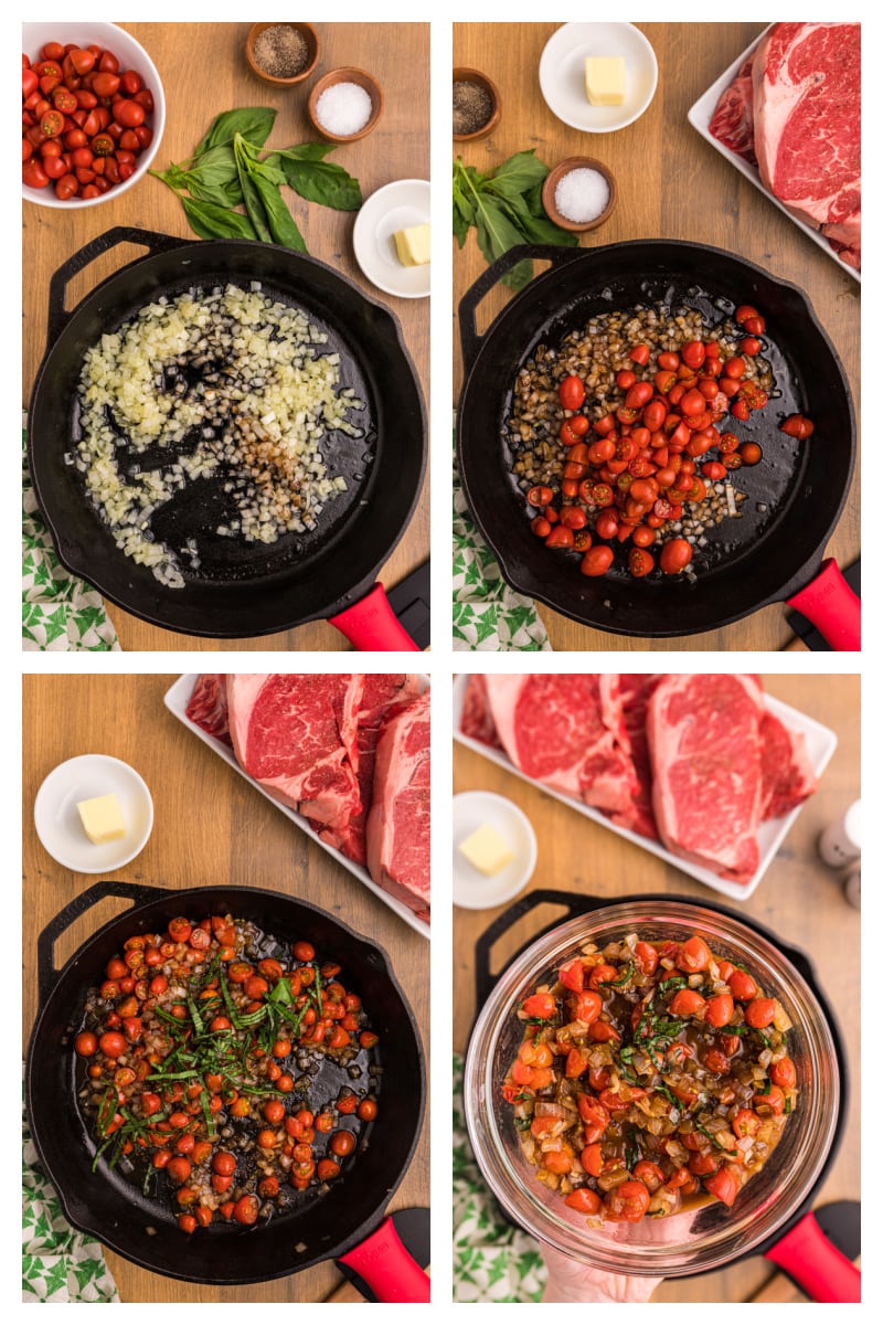 four photos showing how to make balsamic onion and tomato salsa