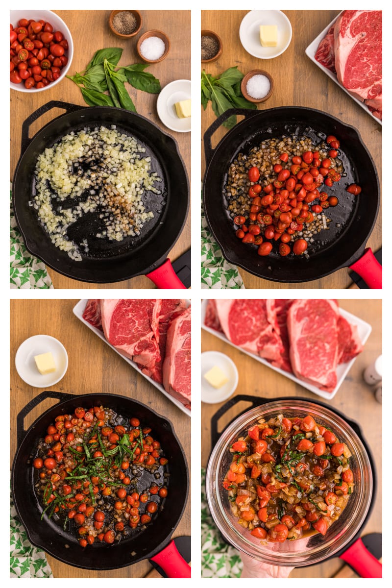 four photos showing how to make balsamic onion and tomato salsa