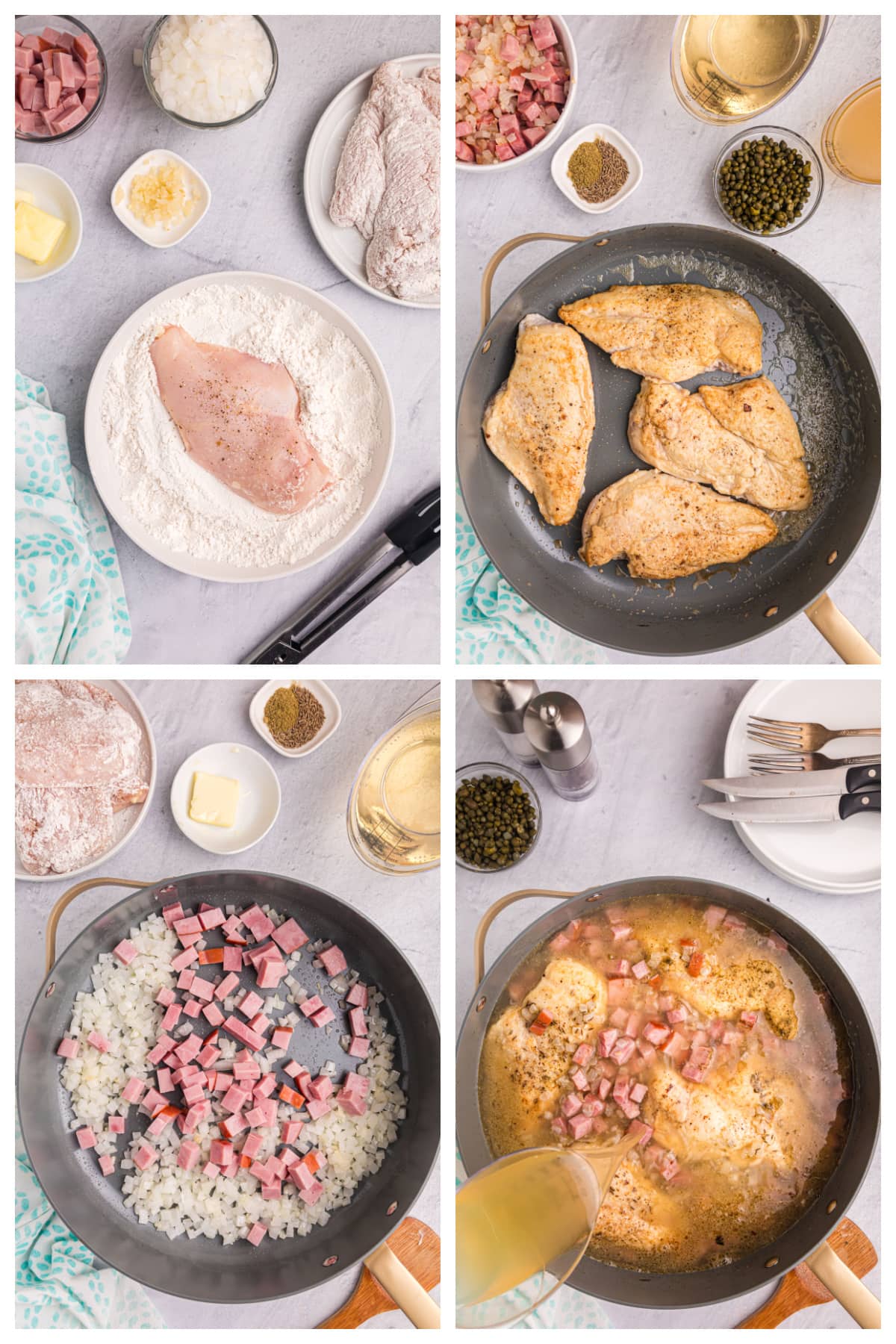 four photos showing how to make pollo borracho