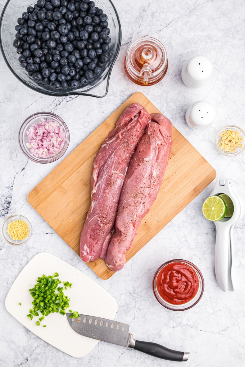 ingredients displayed for making pork tenderloin with blueberry bbq sauce