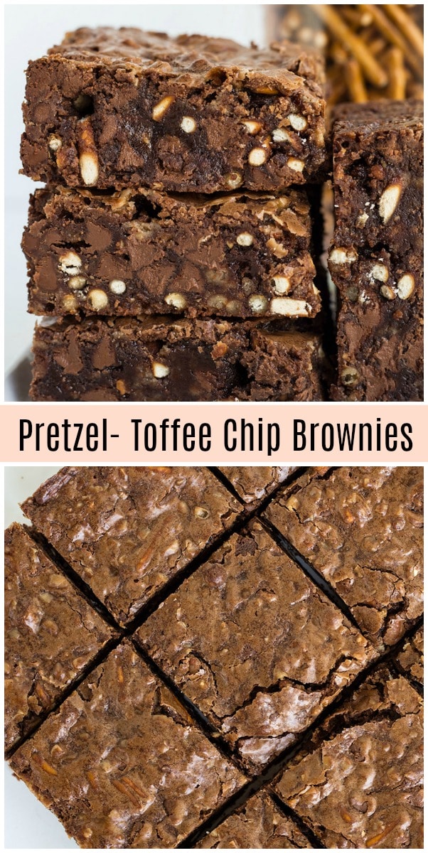 Pretzel Toffee Chip Brownies recipe from RecipeGirl.com #pretzels #pretzel #toffee #toffeechips #brownies #recipe #RecipeGirl
