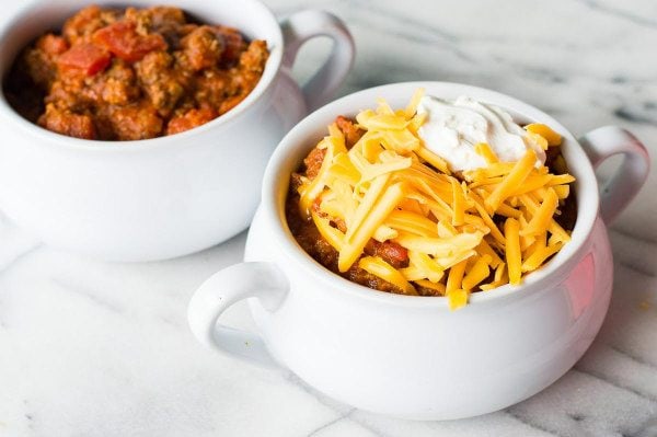 Pumpkin Chili topped with cheese and sour cream