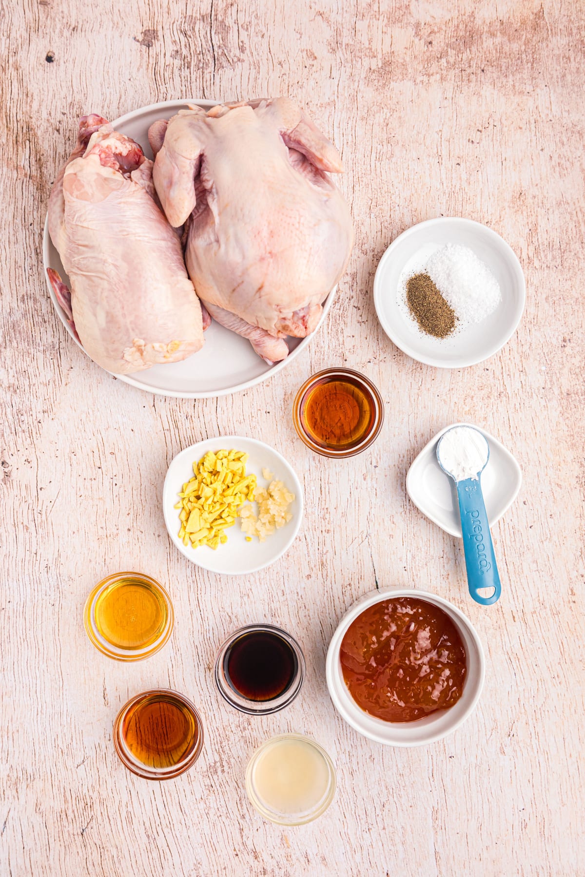 ingredients displayed for making roasted apricot ginger glazed game hens