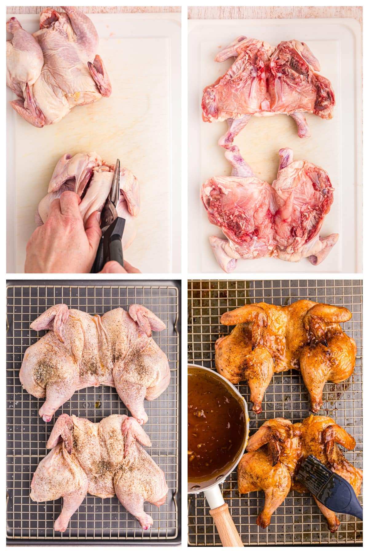 four photos showing how to split game hens, roast and glaze them