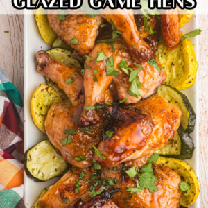 pinterest image for roasted apricot ginger glazed game hens