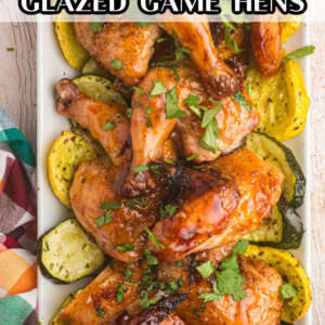 pinterest image for roasted apricot ginger glazed game hens