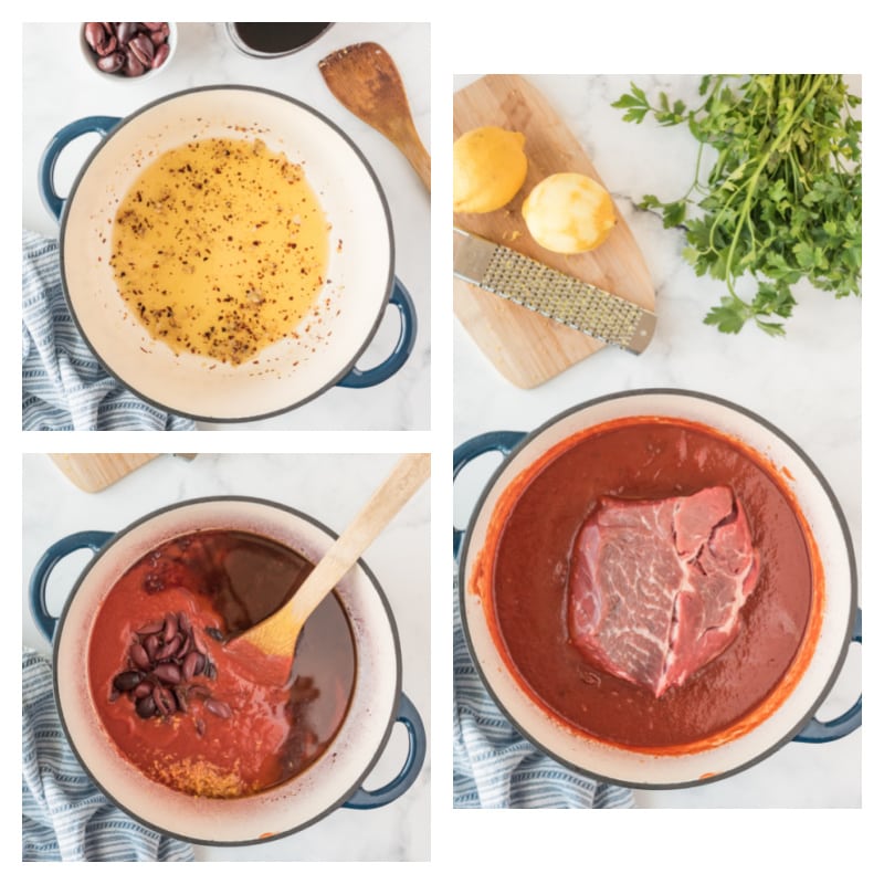 three photos showing prep of sicilian pot roast