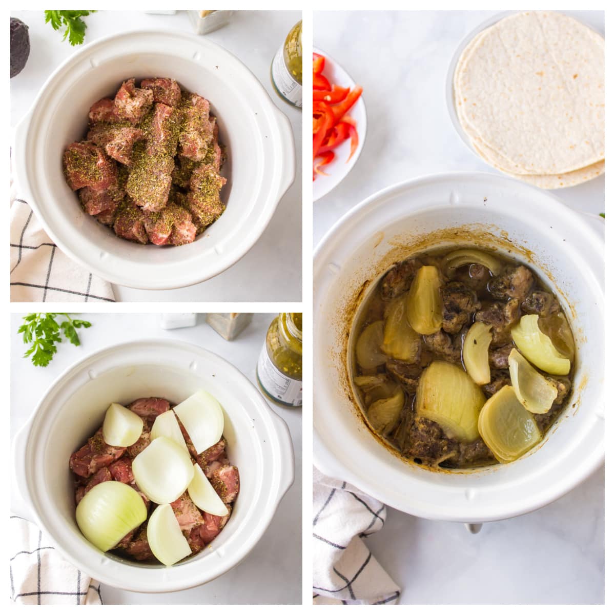 three photos showing how to make carnitas in the slow cooker