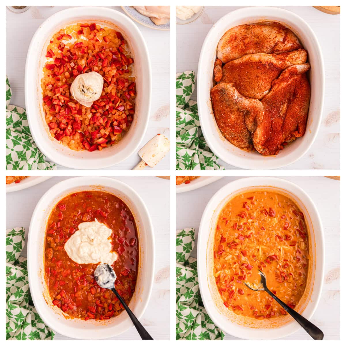 four photos showing how to make smothered chicken
