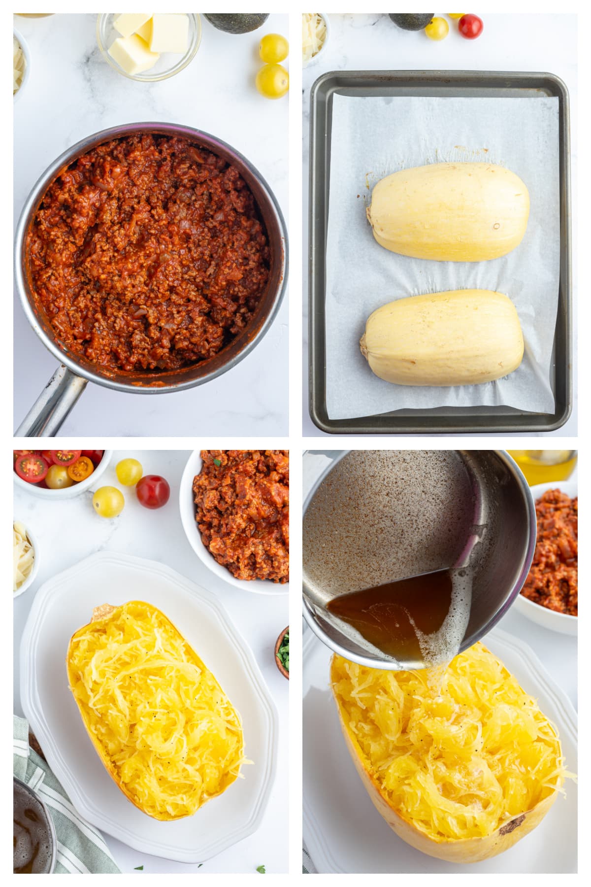 four photos showing making spaghetti squash with spicy meat sauce