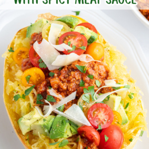 pinterest image for spaghetti squash with spicy meat sauce