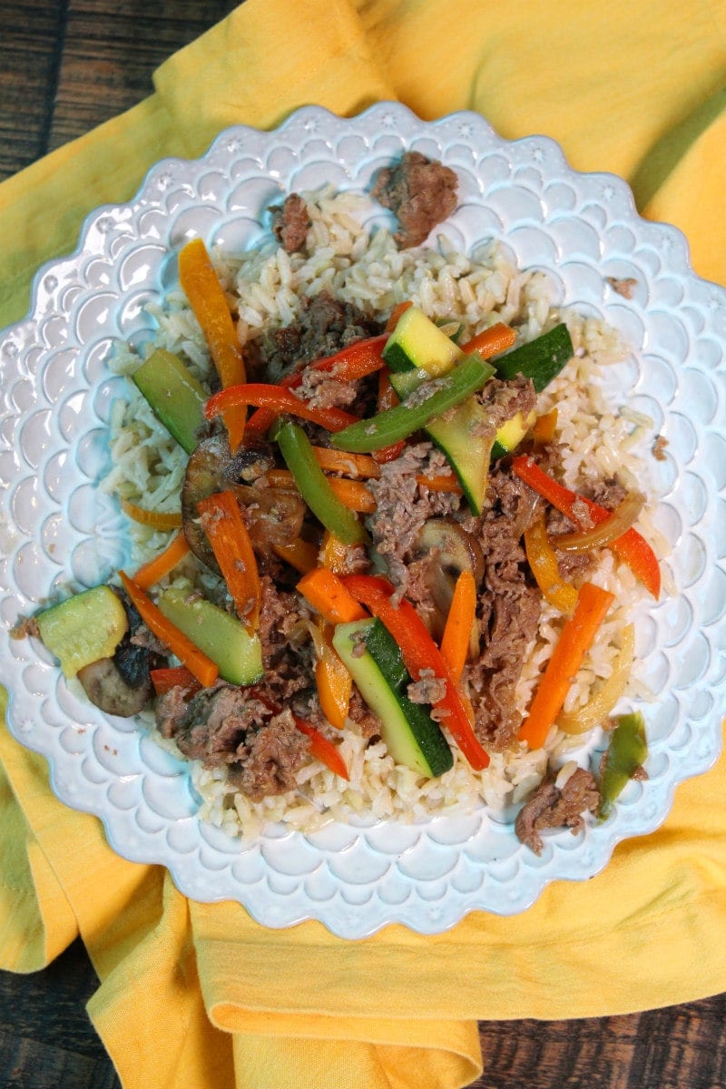 Easy Stir Fried Beef with Vegetables recipe from RecipeGirl.com #easy #stirfry #stir #fry #fried #beef #vegetables #recipe #RecipeGirl Easy Stir Fried Beef with Vegetables served over rice