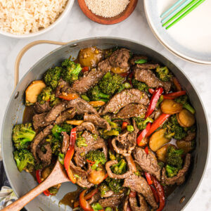 Skillet of stir fried beef and broccoli