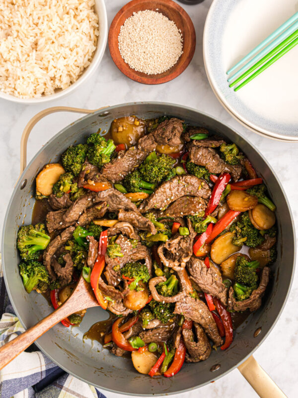Skillet of stir fried beef and broccoli