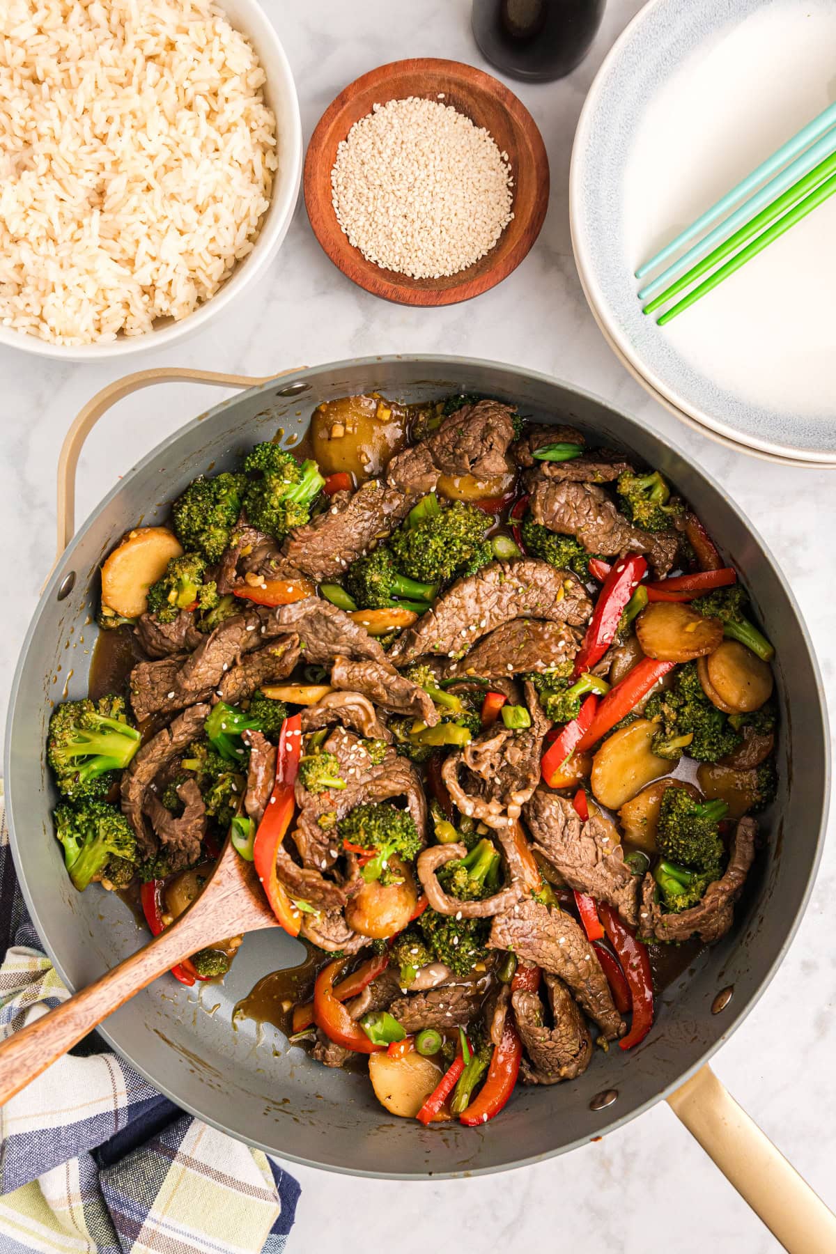 Skillet of stir fried beef and broccoli