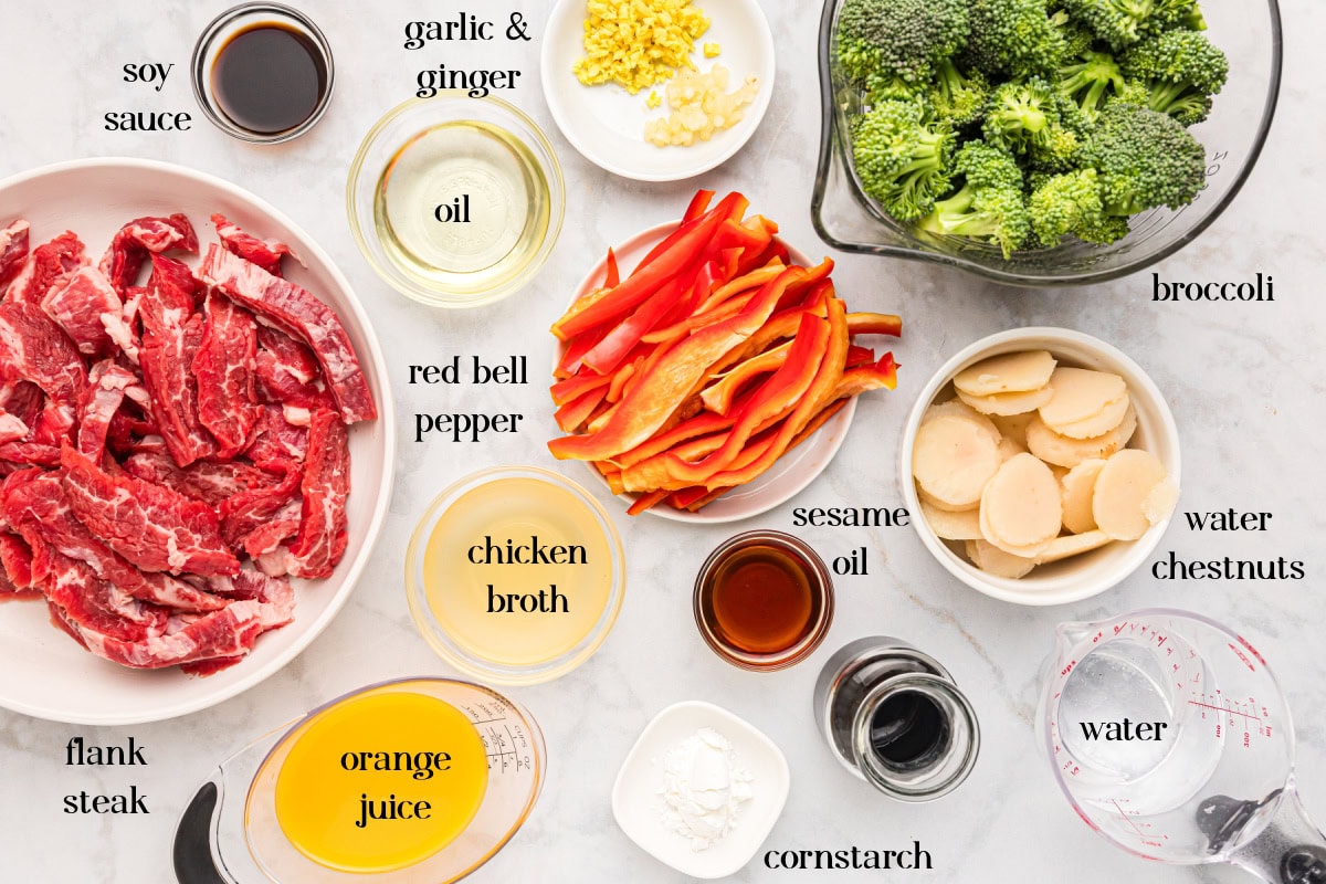 ingredients displayed for making stir fried beef and broccoli