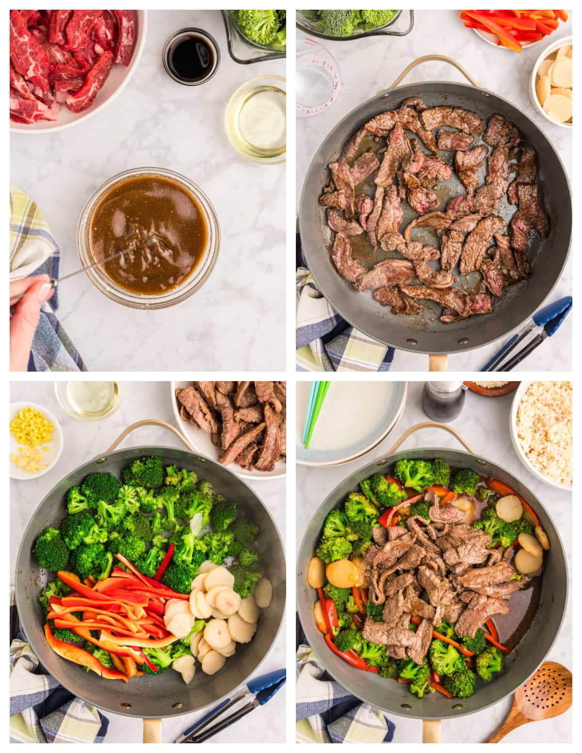 four photos showing how to make stir fried beef and broccoli