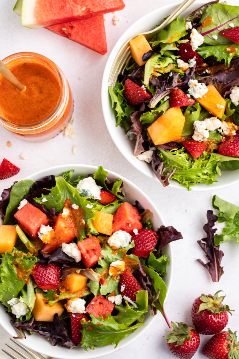 strawberry melon salad with watermelon vinaigrette