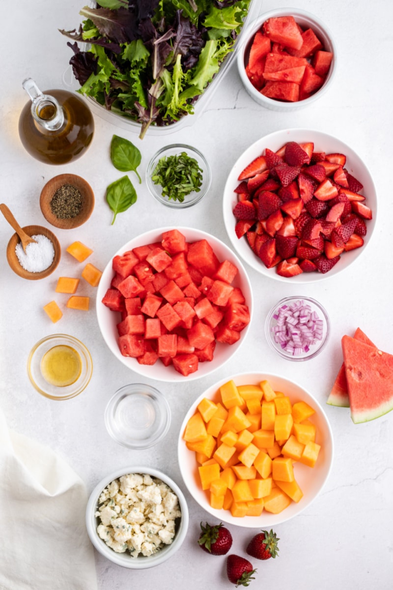 ingredients displayed for strawberry melon salad