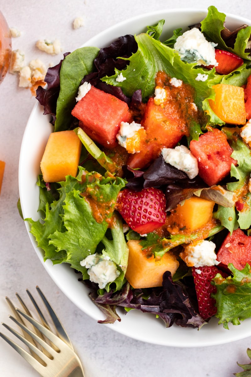 strawberry melon salad in a bowl