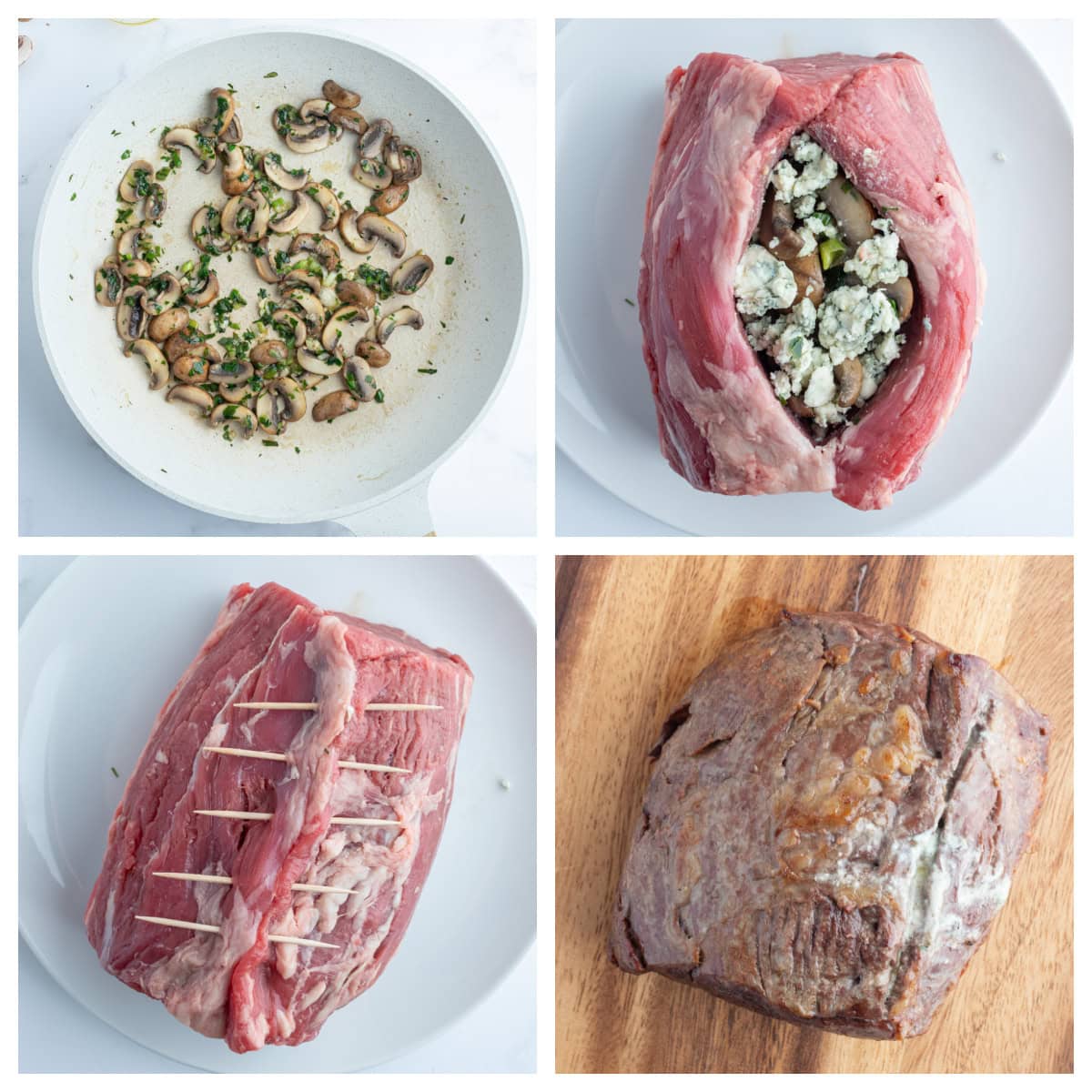 Elegant stuffed beef tenderloin filled with mushrooms, garlic, green onions, and blue cheese. A stunning holiday or special-occasion dinner that’s surprisingly easy! four photos showing how to make stuffed beef tenderloin