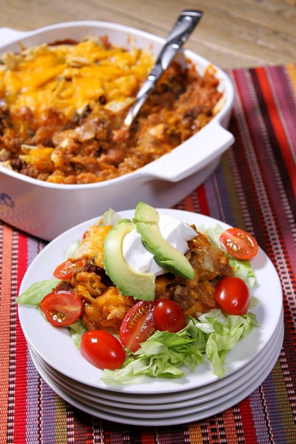 Easy Taco Casserole Recipe from RecipeGirl.com #taco #casserole #RecipeGirl Easy Taco Casserole on plate
