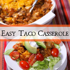 taco casserole in a white dish and on white plates