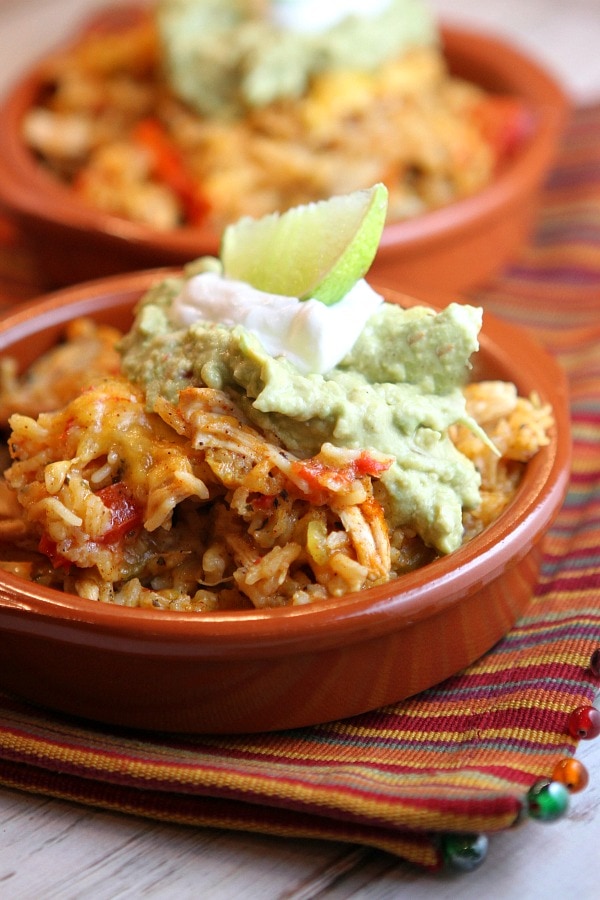 Tex Mex Chicken and Rice Casserole recipe from RecipeGirl.com #tex #mex #chicken #rice #casserole #recipe #RecipeGirl Tex Mex Chicken and Rice Casserole served in a dish